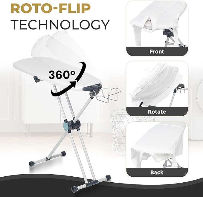 Dazzl 360° Dual-Sided Iron Board - Torso-Shaped Ironing Board Full Size with 8-Level Adjustable Height, Detachable Iron Holder, Garment Clips - HDPE Heat-Resistant Surface