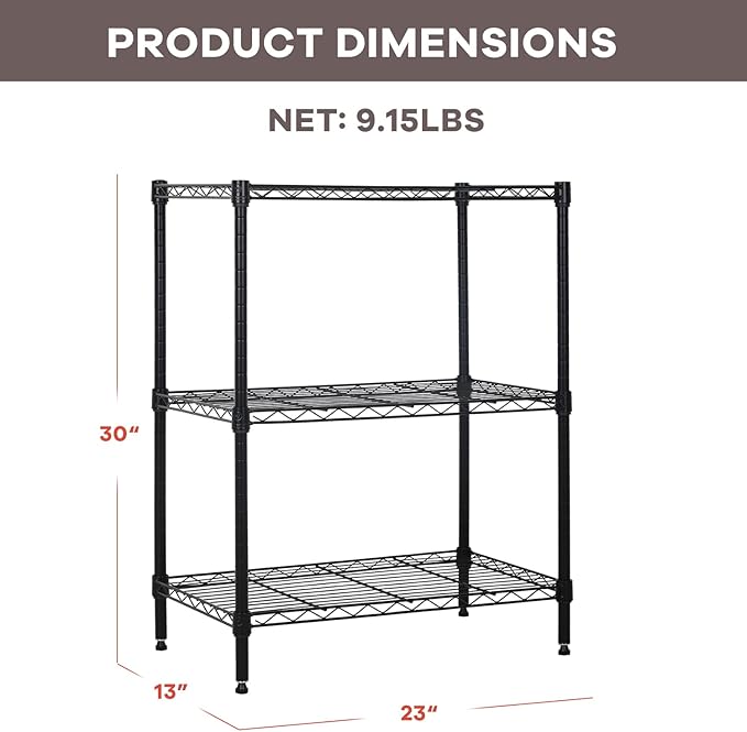 3-Tier Wire Shelving Unit Storage Shelves Shelf Organizer 30"x23"x12" Heavy Duty Metal Storage Rack Wire Rack NSF Height Adjustable for Laundry Bathroom Kitchen Garage Shelving(Black)