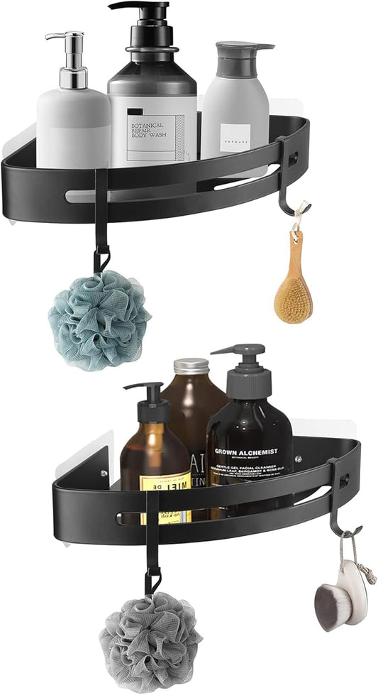 JASTT Corner Bathroom Shelf Black Wall Mounted Corner Shower Caddy Rustproof Basket Storage Bath Shelf Organizer Self Adhesive Sticker Kitchen Corner Shelves No Drill Toilet Aluminum Holder 2 Packs