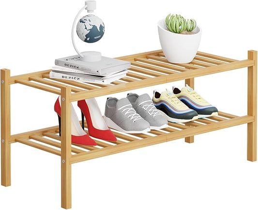 2 Tier Bamboo Shoe Rack Storage Organizer for Closet, Multifunctional Stackable Free Standing Shoe Shelf Organizer for Small Space,Entryway,Hallway,Bathroom 27"x11"x13"(Natural, 2 Tier)-NeatNest