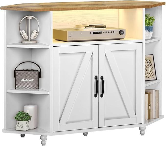 4 EVER WINNER Corner TV Stand for 50 Inch TV, Corner Entertainment Center with LED Lights and Adjustable Shelves, Farmhouse Corner TV Cabinet with Barn Doors for Living Room, White-NeatNest