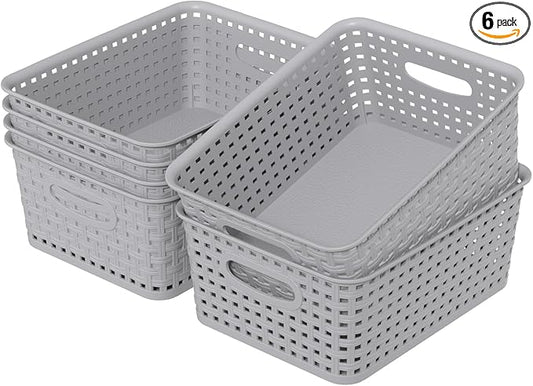 6 Packs Plastic Storage Baskets for Organizing Shelves Drawers Desktop, Small Pantry Organization, Grey