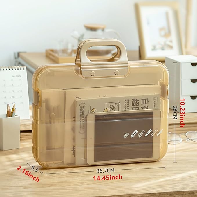 Clear Waterproof Document Storage Box with Snaps PP Files Organizer Cases for A4 Paper Magazines Notebooks School or Office Supplies (Khaki, 1pcs)