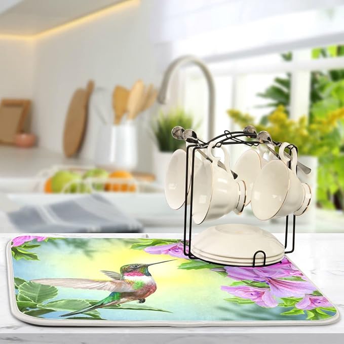 Hummingbird Dish Drying Mat Absorbent Kitchen Pads for Counter Kitchen Dish Dryer 16 x 18 Mat under Dish Drainer