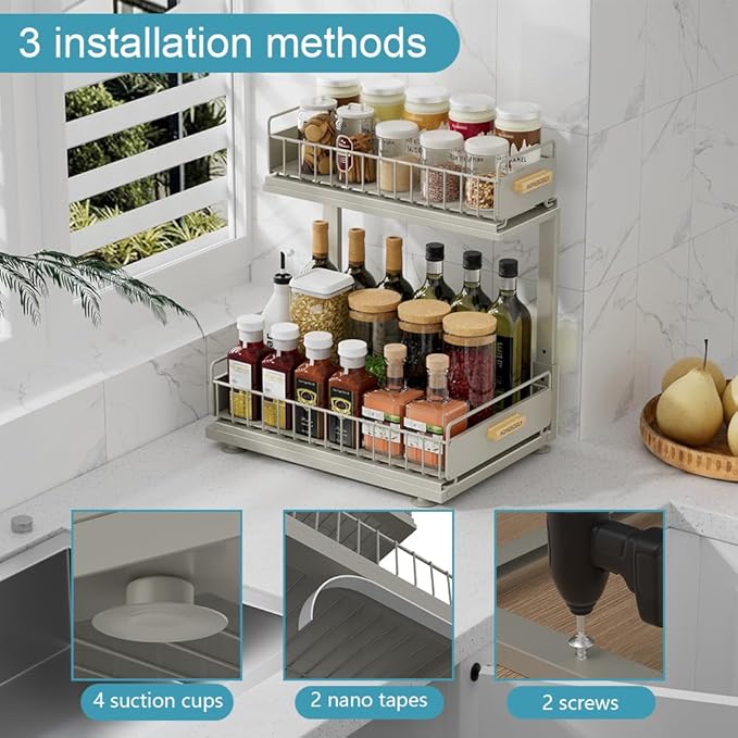 Under Sink Organizer, Pull Out Kitchen Cabinet Organizer 2 Tier Slide Out Under Sink Organizers and Storage, Sink Shelf Cabinet Storage Shelves for Kitchen Bathroom Pantry, Grey-NeatNest