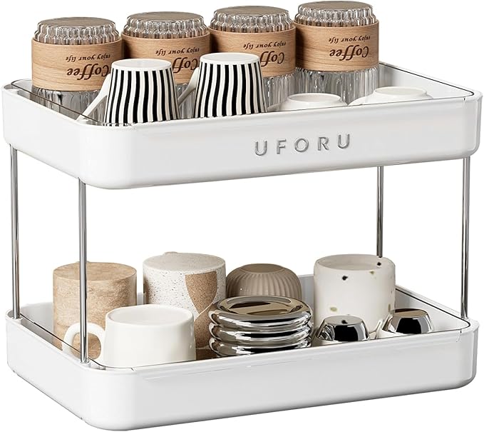 Countertop Coffee Station Organizer| 2-Tier Whisky Glass Holder, Mug Drying Rack with Removable Drain Tray - Easy to Install, Clean - Matcha Station Shelf for Kitchen, Bathroom Counter Organzier-NeatNest