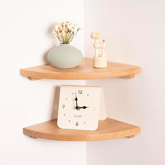 Floating Corner Shelves Oak 10", Solid Oak Wall Mounted Wooden Display Storage Rack with Wire Hole for Plants, Photos, Speakers, Bedroom, Kitchen, Living Room Décor - 2-Pack-NeatNest