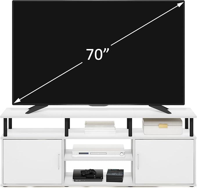 Furinno Jensen Entertainment Center Stand for TV up to 70 Inch, Plastic Pole, Solid White/Black-NeatNest