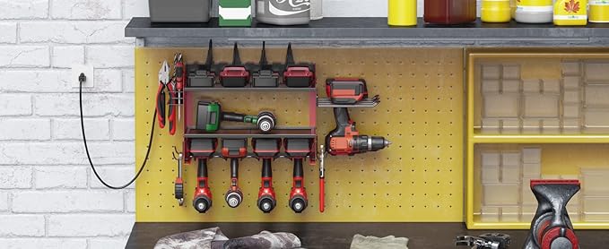 CCCEI Modular Power Tool Organizer Wall Mount Charging Station, Red 6 Drills Holder with 8 Plug Power Strip, Garage Drill Battery Heavy Duty Metal Shelf, Utility Rack with Hooks, Side Storage.-NeatNest