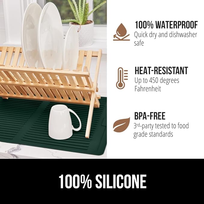 GORILLA GRIP 100% BPA-Free Silicone Dish Drying Mat for Kitchen Counter, Quick Dry, Water Catching Ribbed Design, Easy Clean Waterproof Sink Liner, Heat Resistant, Fits Under Rack, 13x11, Hunter Green