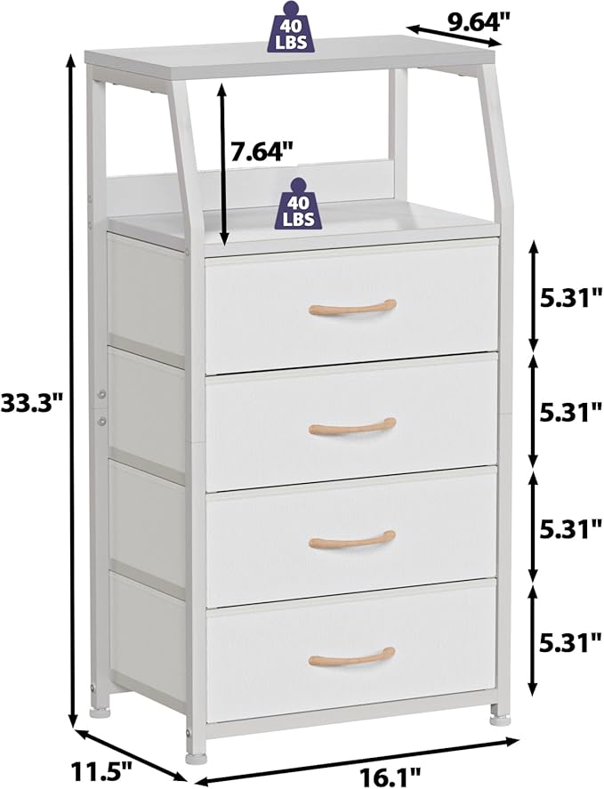 Furnulem Tall 4 Drawers Dresser, Vertical Storage Tower for Bedroom, Hallway, Entryway, Nursery, Closet Organizer, Nightstand Bedside Table Furniture, Sturdy Steel Frame, Wood Top, White-NeatNest