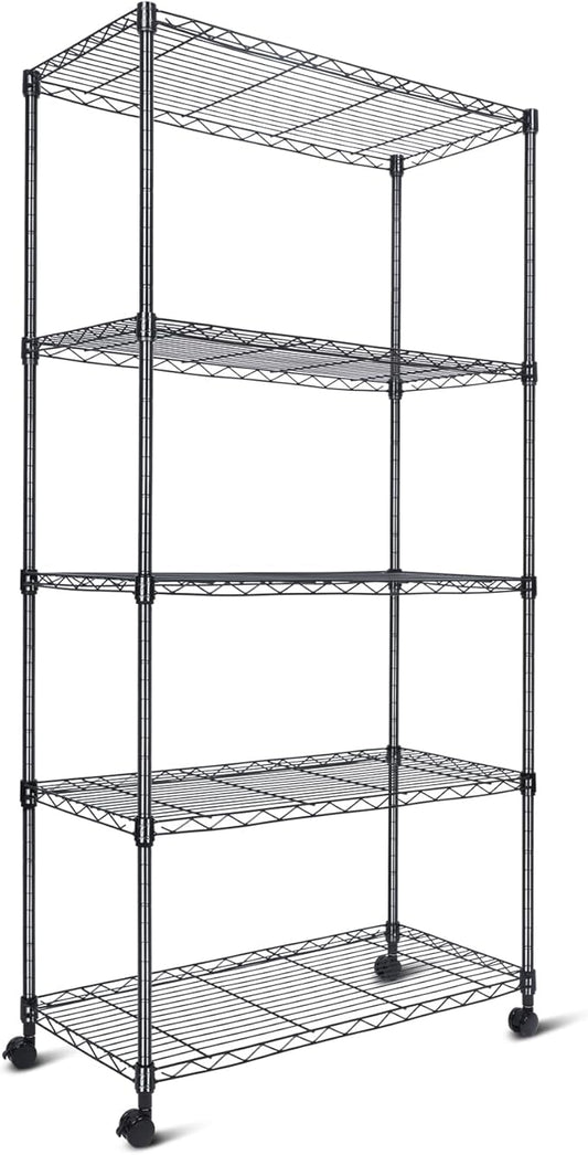 Whitmor 5 Tier Shelving Unit, Adjustable Storage Shelves with Wheels, 400 lbs Capacity per Shelf, Max 2000 lbs Total for Pantry, Kitchen, Garage, 30" L x 14" W x 60" H, Black-NeatNest