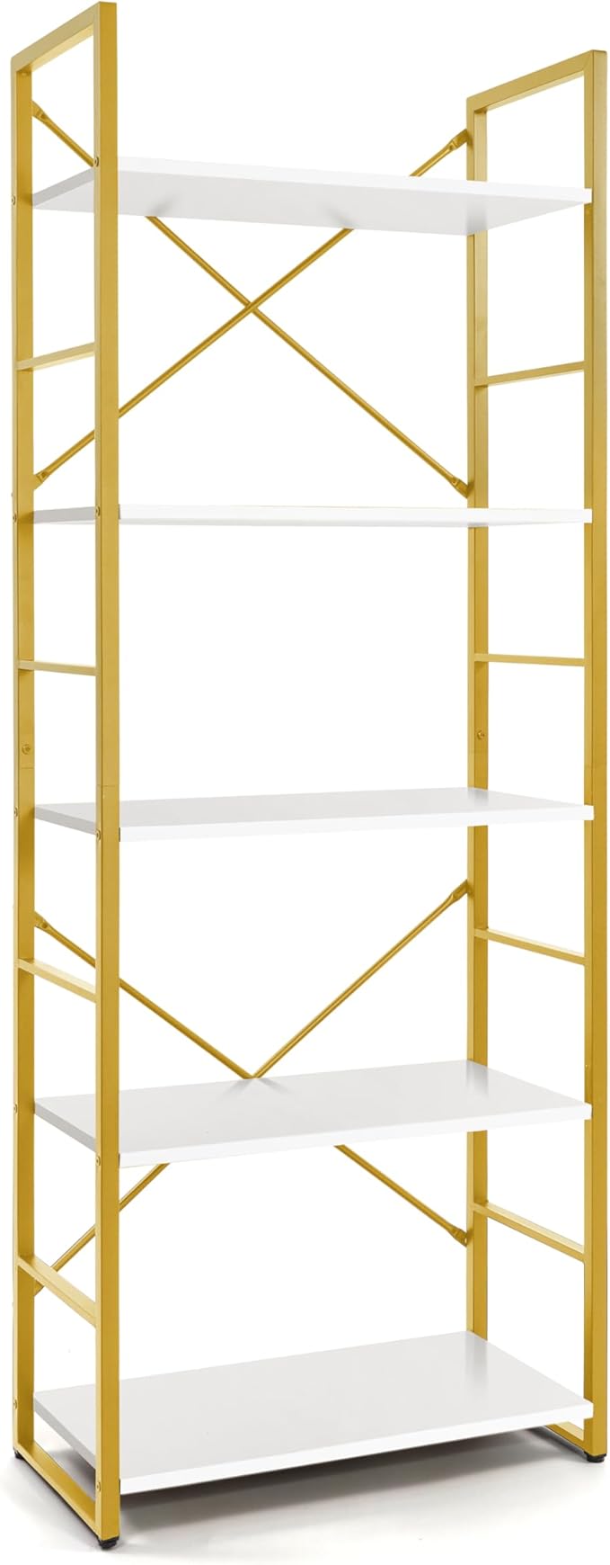 CAPHAUS 5 Tier Bookshelf, 24 Inch Width Free Standing Shelf, Bookcase Shelf Storage Organizer, Industrial Book Shelves for Home Office, Living Room, Kitchen, White Wooden Shelves & Gold Frame-NeatNest