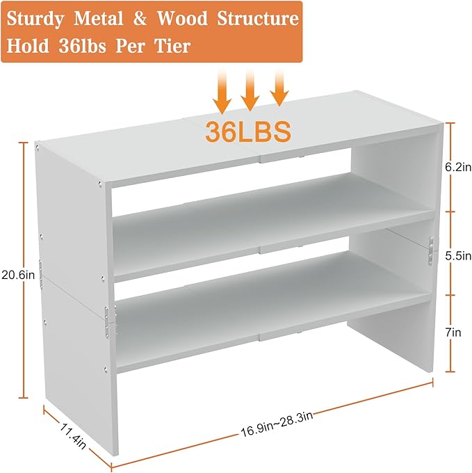 White Shoe Rack Organizer for Closet, 3-Tier Expandable Shoe Shelf, Stackable Iron Wood Combination Shoe Racks Shelves for Closets, Entryway,Small Space,Hallway,Garage,Holds 8-16 Pairs of Shoes-NeatNest