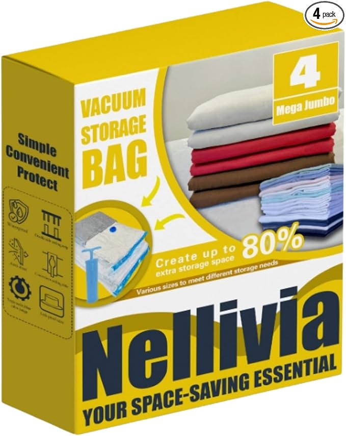 4 Mega Jumbo XXL Vacuum Storage Bags with Pump (47x35in), Supersized Compression Space Saver for Comforter, duvet, Bedding, Blanket storage, Vacuum Seal Bags for Clothing, Stuffed Toy, Cushions-NeatNest