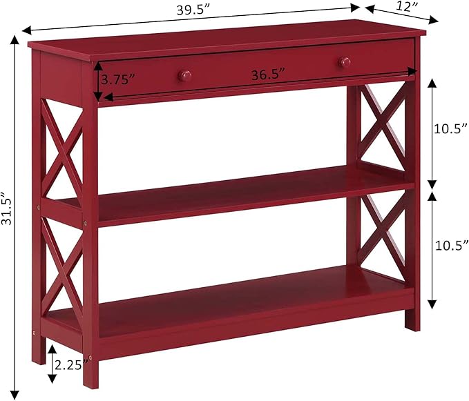 Convenience Concepts Oxford 1 Drawer Console Table with Shelves, Cranberry Red-NeatNest