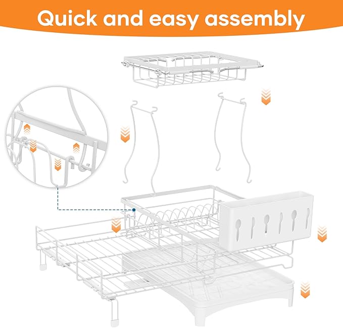 Dish Drying Rack for Kitchen Counter, Extendable Dish Rack with Drainboard, Kitchen Countertop 2 Tier Dish Drying Rack, Expandable Dish Strainer with Cutlery Holder, Removable Cutlery Holder（White）