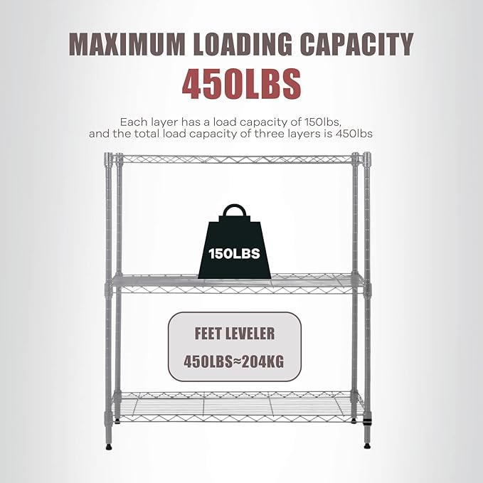 3-Tier Wire Shelving Unit Storage Shelves Shelf Organizer 30"x23"x12" Heavy Duty Metal Storage Rack Wire Rack NSF Height Adjustable for Laundry Bathroom Kitchen Garage Shelving(Chrome)