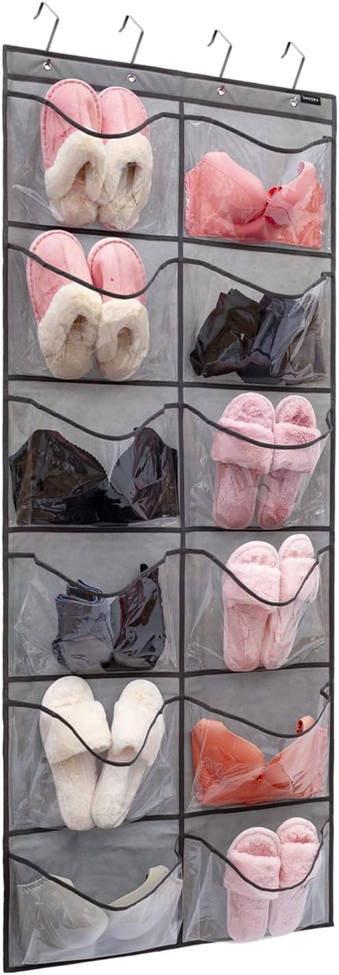 Extra Large Pockets Shoe Organizer Hanging Shoe Rack Organizer for Bedroom Shoe Storage Bathroom Shoe Holder with 12 Clear Pockets (12 Large Pockets-Grey)-NeatNest