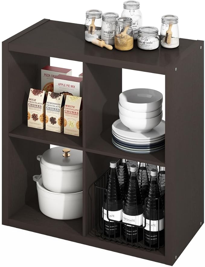 Furinno Hermite 4-Cube Open Shelves Kitchen Storage, Kitchen Island, Bakers Rack, Buffet Sideboard, Black Dark Oak-NeatNest