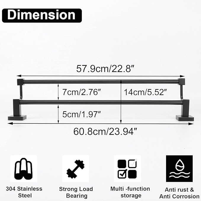 TocTen Double Bath Towel Bar - Thicken SUS304 Stainless Steel Towel Rack for Bathroom, Bathroom Accessories Double Towel Rod Heavy Duty Wall Mounted Square Towel Holder (Matte Black,24 INCH)