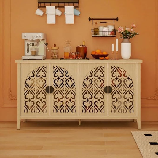Accent Sideboard Buffet Cabinet with Storage, Vintage Cabinet with 4 Hollow-Carved Arched Doors and Adjustable Shelves, Accent Storage Cabinet Wood Credenza for Living Room, Kitchen, Entryway