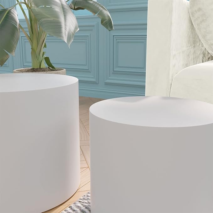 2-Piece Round Side Table Set, Modern Black Oak Accent Tables for Living Room and Bedroom, No Assembly End Tables, Minimalist Coffee Table Set for Small Spaces(White)