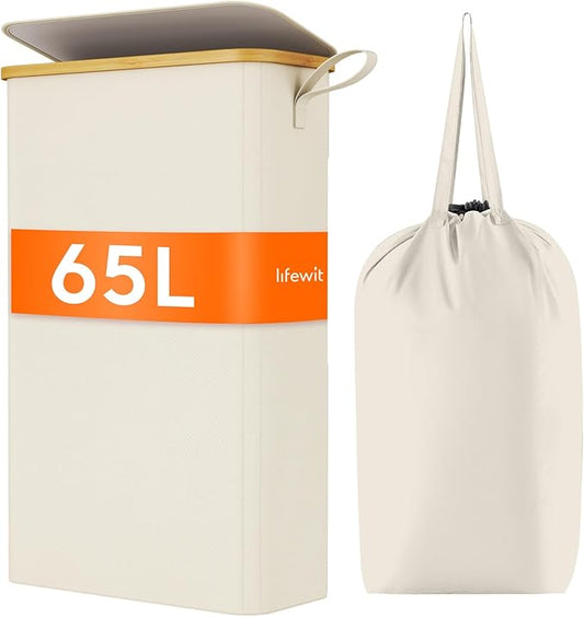 Lifewit 65L Slim Laundry Hamper with Lid, Narrow Laundry Basket with Removable Bag & Bamboo Handles, Fodable Thin Dirty Clothes Hamper for Laundry Collapsible Bin for Bathroom Bedroom Dorm, White-NeatNest