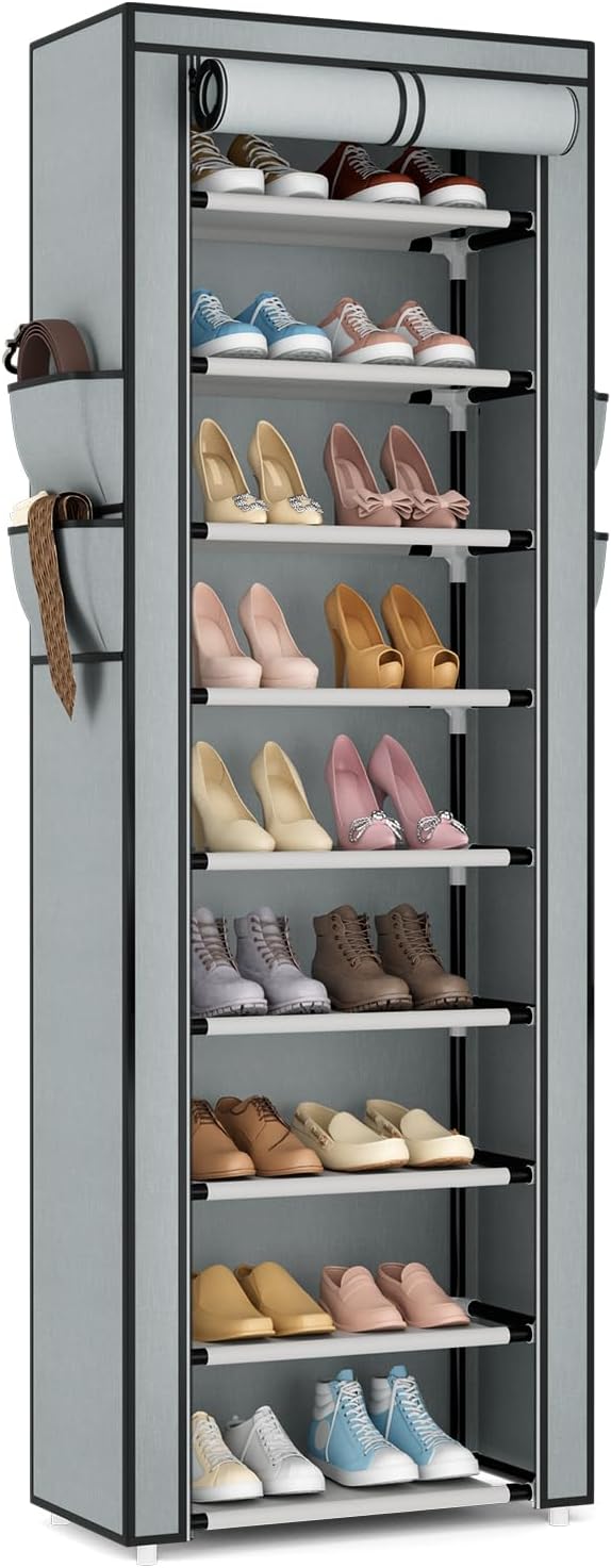 Shoe Rack with Cover Narrow Shoe Rack Organizer with 4 Side Pockets 10 Tier Tall Shoe Storage Shoe Shelf Holds 18-22 Pairs Shoes and Boots Shoe Rack for Closet, Grey-NeatNest