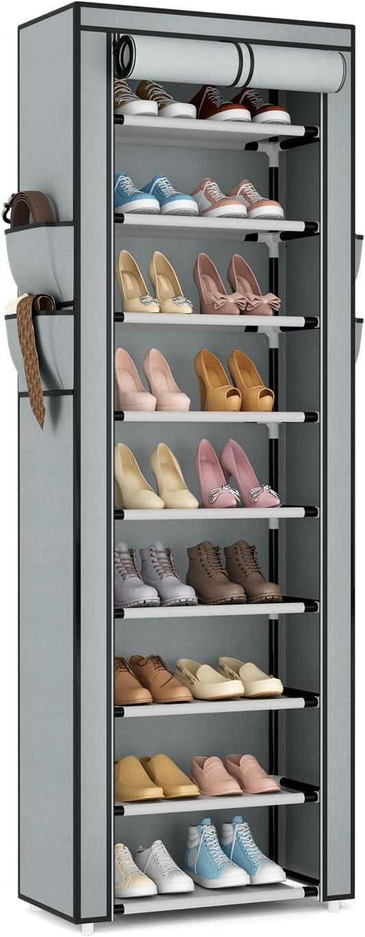 Shoe Rack with Cover Narrow Shoe Rack Organizer with 4 Side Pockets 10 Tier Tall Shoe Storage Shoe Shelf Holds 18-22 Pairs Shoes and Boots Shoe Rack for Closet, Grey-NeatNest