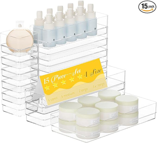 15 PCS Clear Plastic Drawer Organizer Set, 4 Sizes Acrylic Drawer Storage Trays Non Slip Storage Bins for Makeup, Jewelry, Gadgets for Kitchen, Bedroom, Bathroom, Office-NeatNest