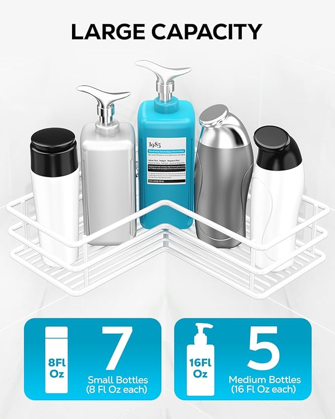 Nieifi Adhesive Corner Shower Caddy Shelf Basket Rack with Hooks, Rust Proof Stainless Steel Bathroom Shelf Shampoo Holder No Drilling (White)