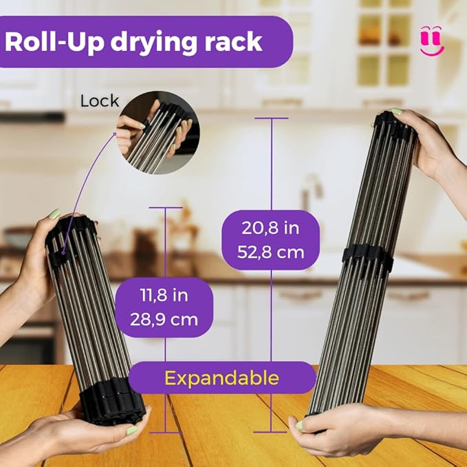 3-in-1 Over Sink Dish Drying Rack – Roll-Up Sink Rack, Silicone Mat & Folding Dish Rack – Multi-Functional, Space-Saving Kitchen Organizer (Black)