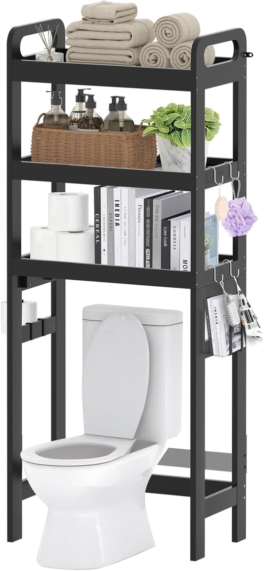 3 Tiers Over The Toilet Storage Shelf, Space Saver Bathroom Organizer Shelves with Toilet Paper Holder and Hooks, Freestanding Toilet Rack for Washroom Balcony (Black)