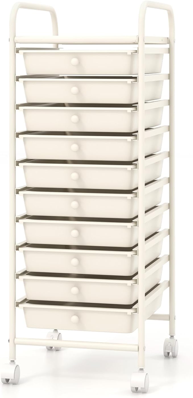 Giantex 10-Drawer Storage Cart w/Universal Wheel, Rolling Cart w/Handle, Home Organizer Storage Unit w/Removable Drawers, Trolley Utility Cart for Kitchen Makeup Living Room Office Play Room, Ivory