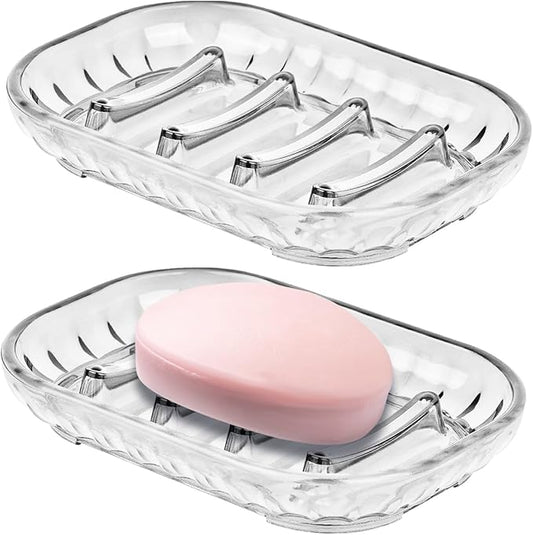 AMUONTY 2-Pack Soap Dish Holder for Bar Soap, Bathroom Soap Dishes Soap Holder, Soap Saver Dry Stop Mushy Soap Tray for Shower Bathroom, Kitchen Sink,Clear-NeatNest