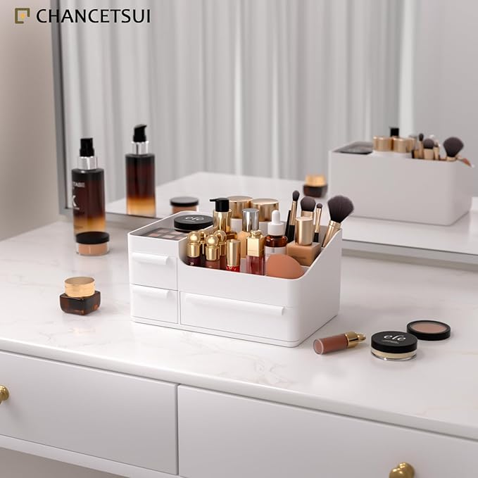 CHANCETSUI Makeup Organizer With Drawers, Makeup Desk Organizer, Bathroom Countertop Organizer for Cosmetics, Vanity Holder for Lipstick, Makeup Brush Holder/Organizer (White)