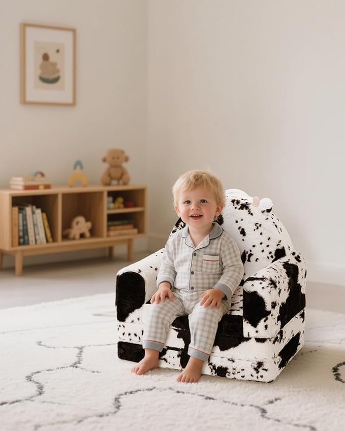2-in-1 Toddler Chair and Couch – Soft Faux Rabbit Fur, Cow Pattern Design, Fold Out Seat for Reading & Nap, Ages 1–3-NeatNest