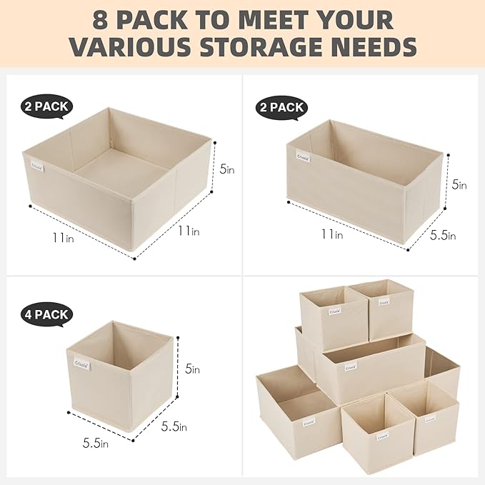 Criusia Drawer Organizer Clothes, 8 Pack Underwear Drawer Organizer, Foldable Cloth Storage Box Closet Organizers and Storage for Clothes, Socks, Scarves, Ties (Beige)-NeatNest