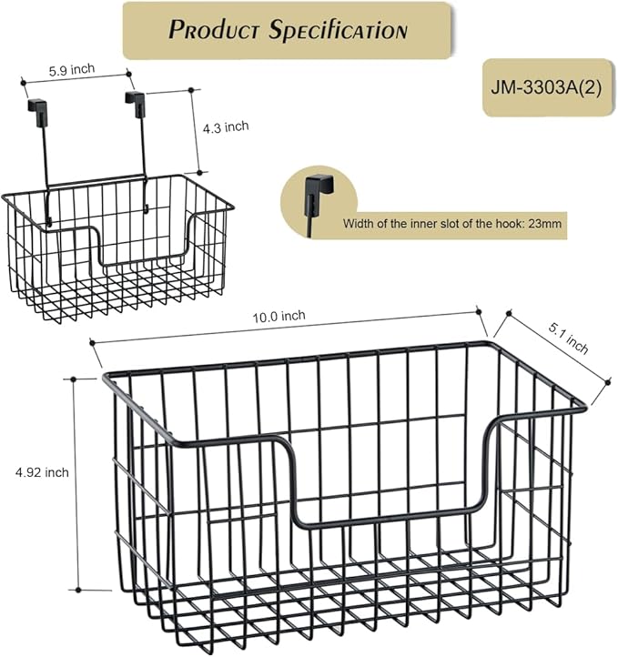 Wire Storage Basket 2 Packs, Wall Mounted Kitchen Bathroom, Hanging Cabinet Door Storage Basket, no Drilling, Supporting 2 Types of Hooks, Strong Bearing, Suitable for Home, Black