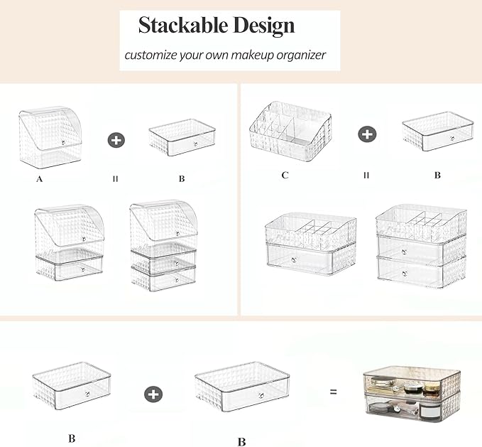 Stackable Clear Makeup Organizer Cosmetic Storage Box, Makeup Display Cases Skincare Organizer, Plastic Makeup Holder for Vanity, Bathroom, Cabinet, Desk Countertop (B)