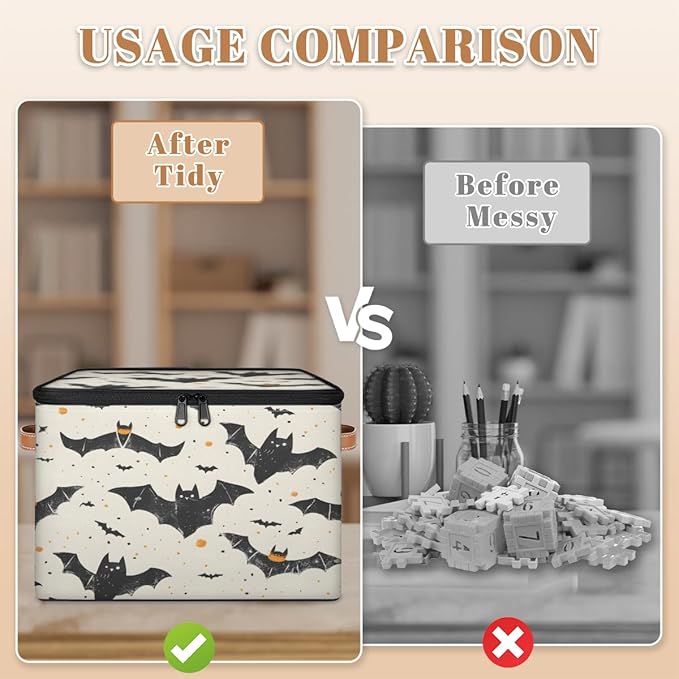 Halloween Theme Storage Bins with Lids, Bat Fabric Storage Boxes with Zipper, Collapsible Decorative Closet Organizer Cube for Clothes,Organizing, Shelves-NeatNest
