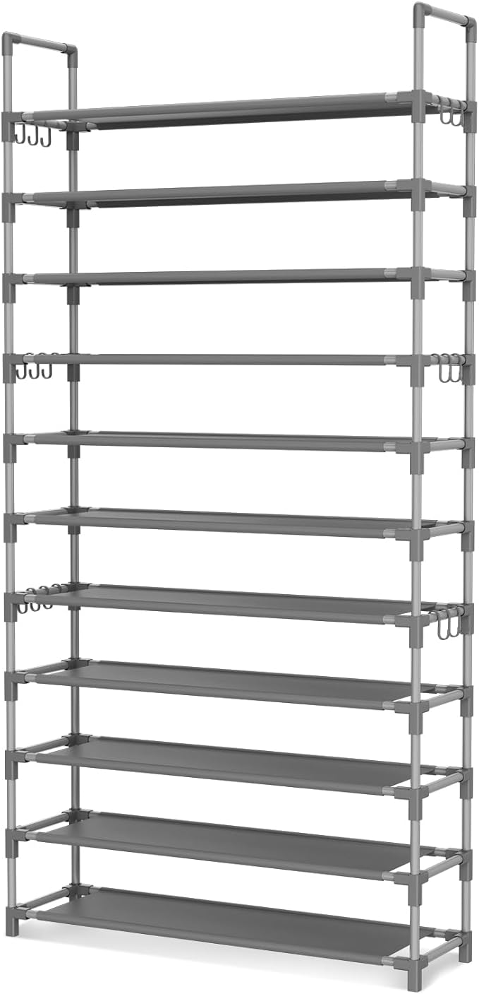 11 Tiers Tall Shoe Rack Holds 55 Pairs of Shoes with 18pcs Hooks Sturdy Wide Shoe Organizer Storage Free Standing Metal Shoe Shelf for Closet, Entryway Grey-NeatNest