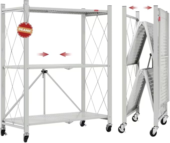 DEANIC 3 Tier Foldable Storage Shelves with Wheels, Kitchen Appliance Stand, Freestanding Metal Wire Shelf Rack, No Assembly Organizer Rolling Cart for Garage, Basement, Pantry(Grey)