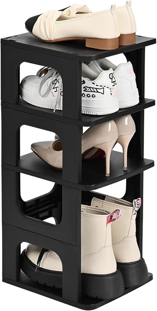 TRZZ 4-Tier Small Shoe Rack, Vertical Narrow Stackable Organizer with Removable Partition, Efficient Shoe Storage for Closet, Entryway, and Small Spaces (Black)-NeatNest