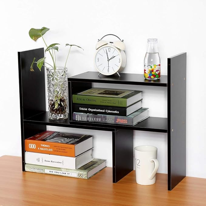 Natural Wood Bookcase,Bookshelf on Desk, Expandable Bookselves on Room,Organizer Expandable Desktop,Adjustable Desktop Shelves and Office Shelves，Counter Organizer Kitchen,Black-NeatNest