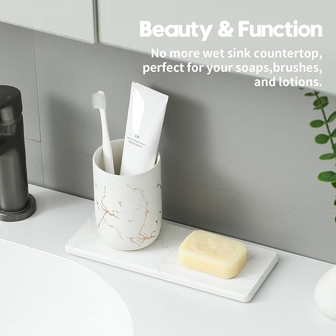 2PCS Diatomite Marble Tray Quick Drying Mat for Kitchen Counter, Water Absorbing Stone Vanity Caddy for Bathroom Sink,Faucet Splash Guard,Soap Dispenser Rack Sponge Holder Organizer, White, 9"x3.5"-NeatNest