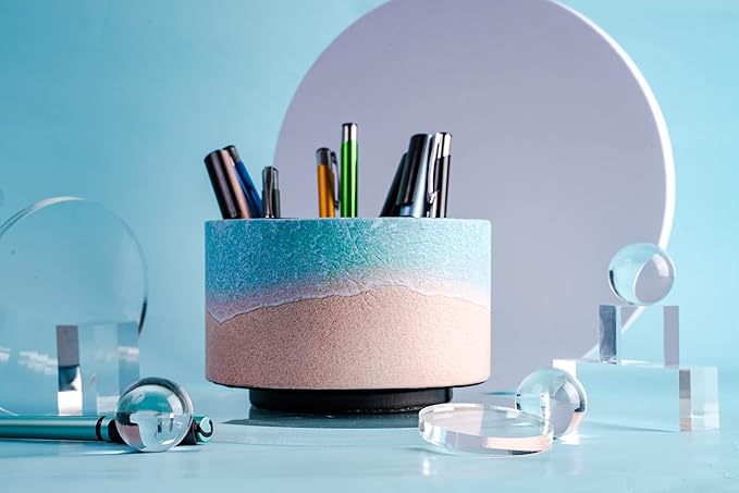 Hennaja Round Leather Art Supply Organizer,Remote Control Holder,360 Degree Rotating,Multi-Functional Pencil Holder,4 Compartments Desktop Stationary Organizer(1-Sandbeach)-NeatNest
