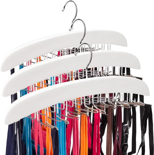 3 Pack Tank Top & Bra Hanger, Tie & Belt Hanger with Natural Wood, 24 Space Saving, 360 Rotating, Foldable Metal Hooks, Closet Organizer and Storage Rack for Tank Tops/Bras/Ties/Belt (White)-NeatNest