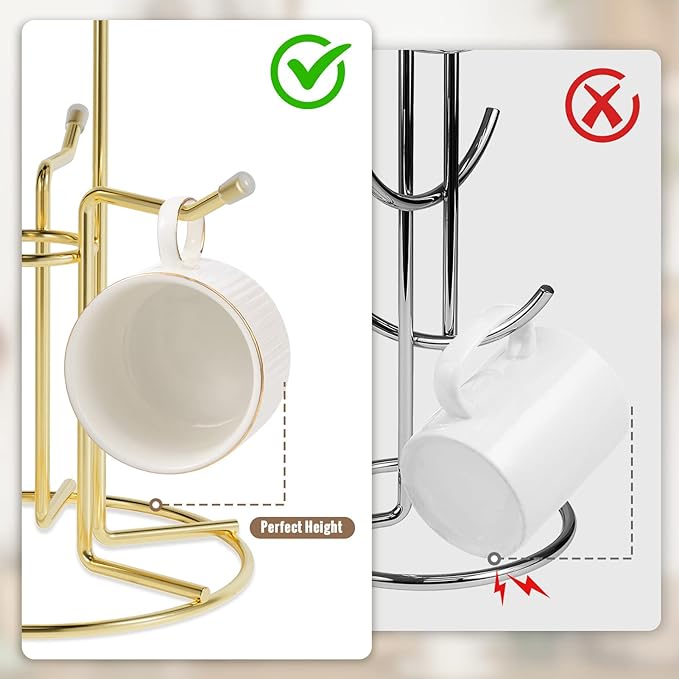 HULISEN Mug Holder for Large Cups, Mug Tree for Counter with 6 Hooks, Metal Coffee Mug Stand for Easy Pick, Place and Display, Coffee Bar Accessories and Decor, Free Standing Mug Rack, Gold-NeatNest